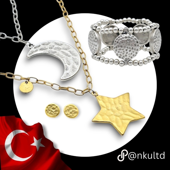 🆕️Turkish Celestial Moon Star Layered Set Mixed Metal Hammered Boho 18K Gold - Picture 1 of 13